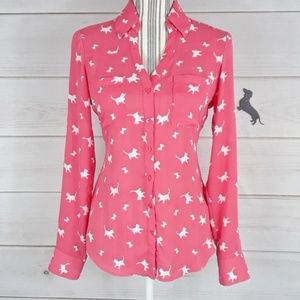 Express Pink Button Down Shirt with White Dog Print